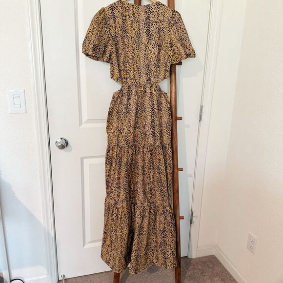 WAYF Plaza Cutout Tiered Maxi Dress Puff Sleeve Animal Cheetah Brown Color Small - Picture 6 of 13
